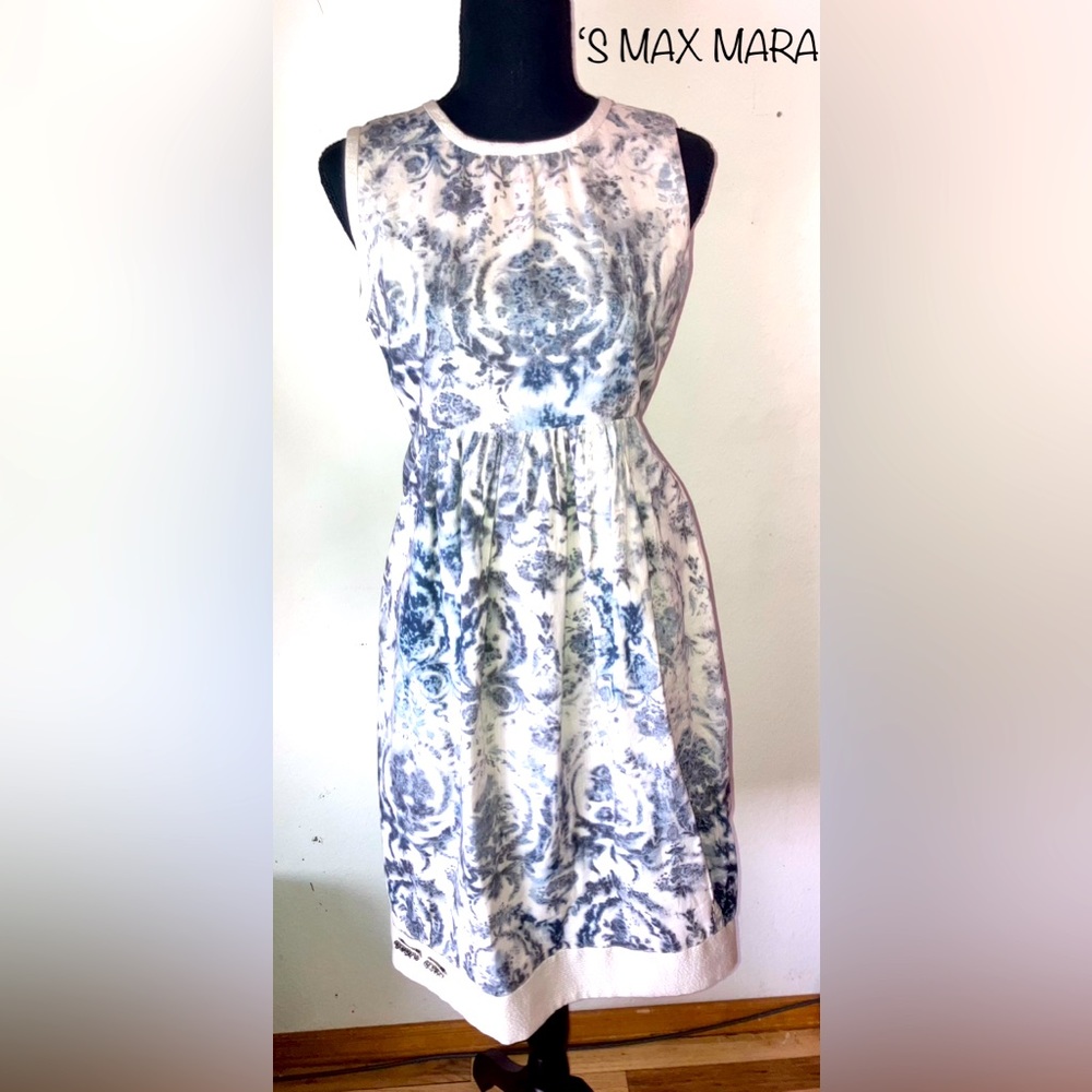 MAX MARA Rare White & Blue Floral Dress W/Crystal Detailing - Beautiful!